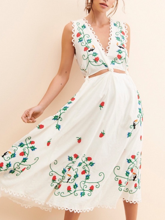 FARM Rio Dresses & Skirts - Farm Rio Cross Stitch Toucan Embroidered Midi Dress Linen Blend